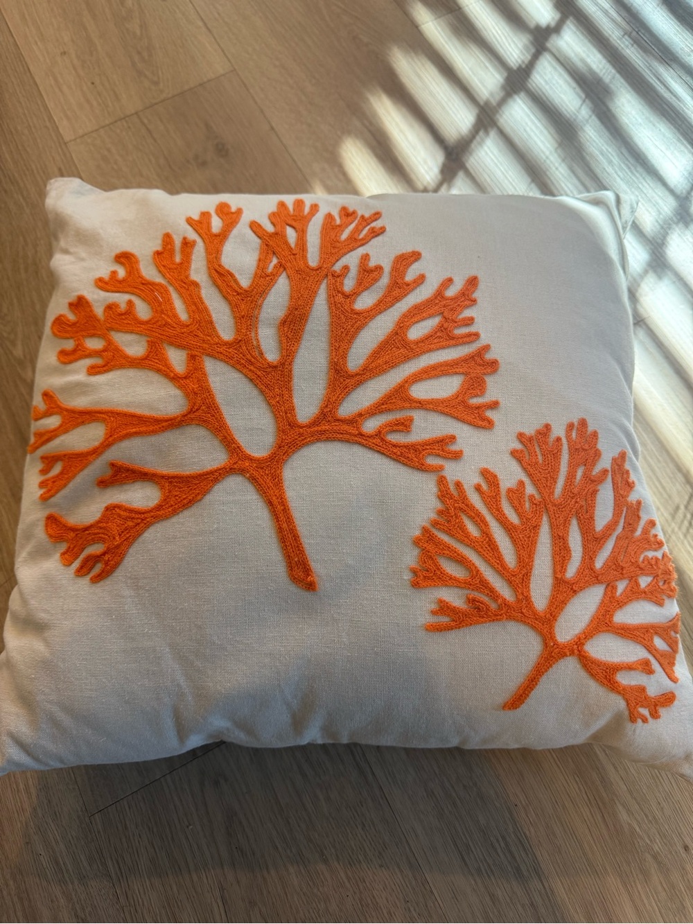 White Decorative Pillow with Orange Coral Appliqué - Home Accents 20 by 20